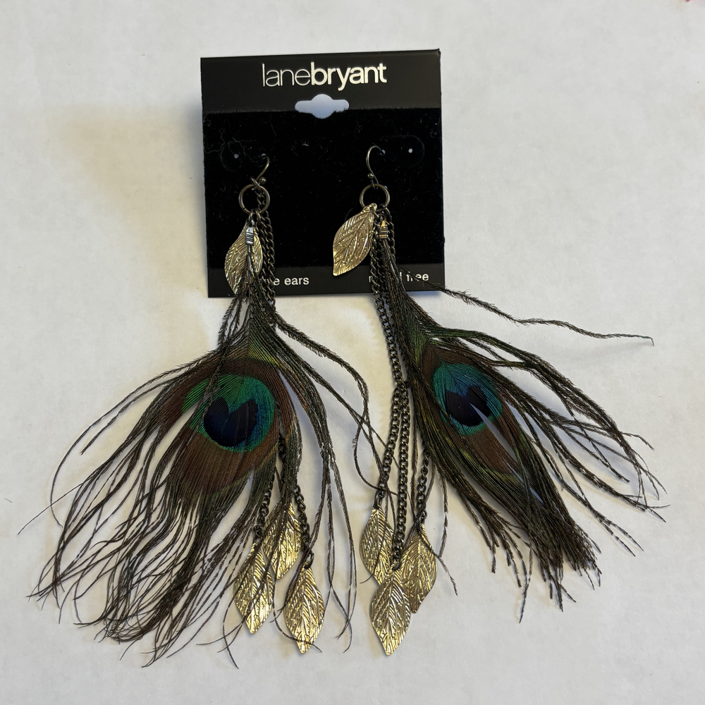 Lane Bryant Peacock Feather Gold Leaf Chain Dangle Earrings NWT